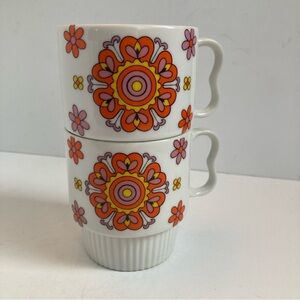 Vintage 60s Mid Century Flower Power Stacking Mugs Set 2 Japan Orange Purple